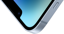 Canto superior esquerdo de um iPhone 14 com a parte da frente em Ceramic Shield.